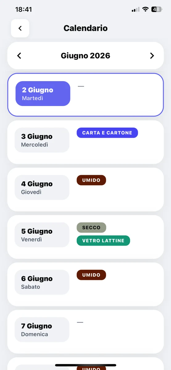 Schermata calendario raccolta rifiuti